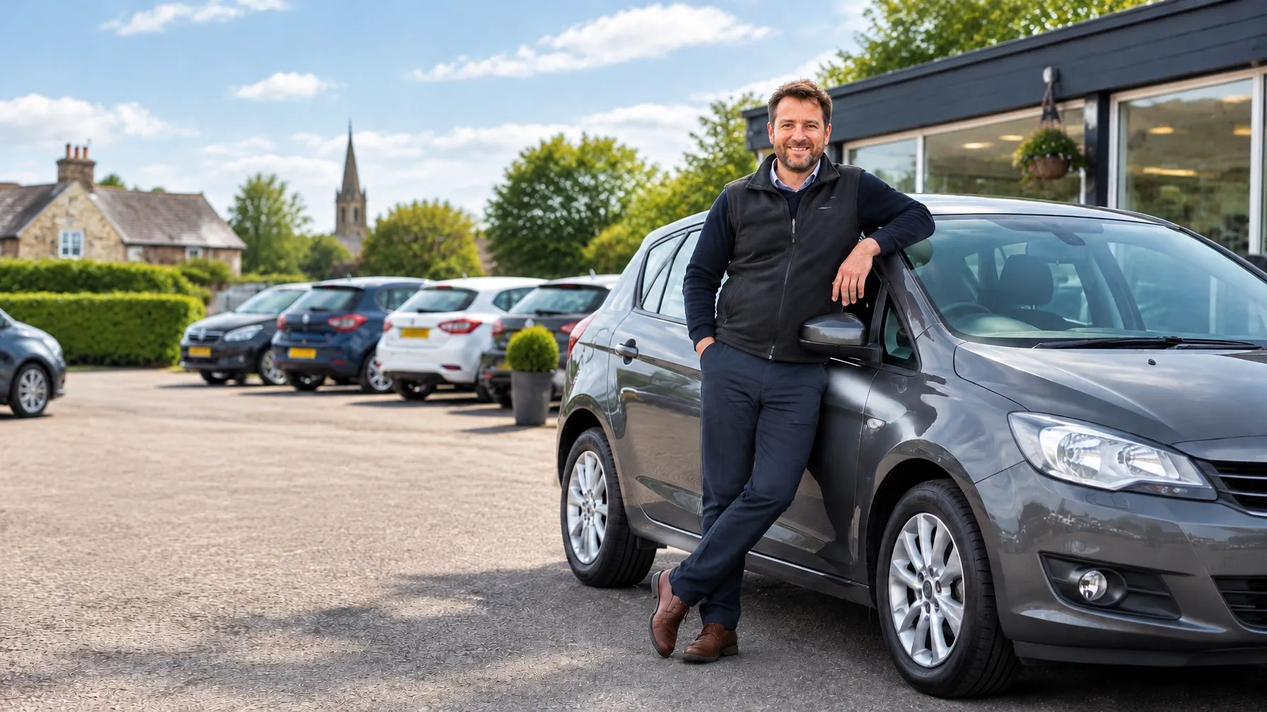 Example independent dealer welcoming a customer beside a car